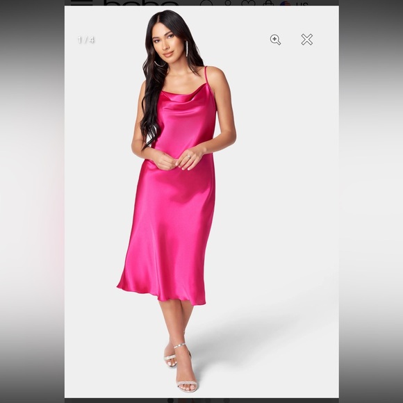 Bebe Women's Satin Cowl Neck Slip Midi Dress Fuchsia Pink‎ Size Medium - Picture 1 of 5